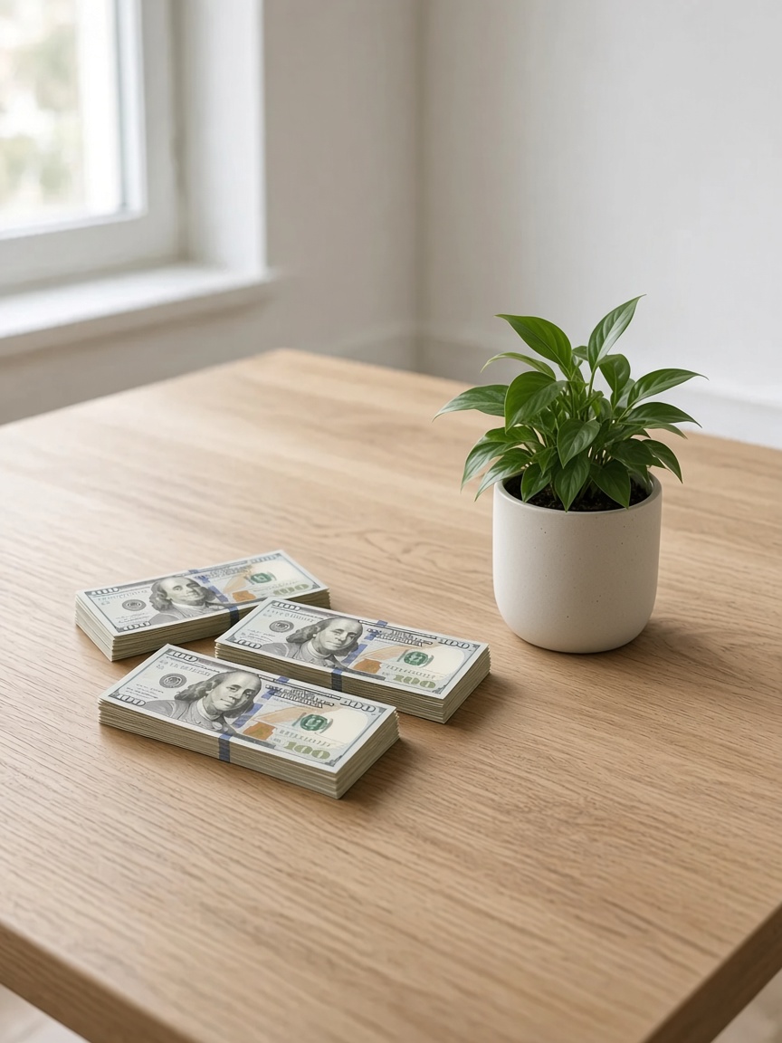 Neat stacks of cash centered on a wood table beside a small plant, representing equity a VA cash-out refinance may make available