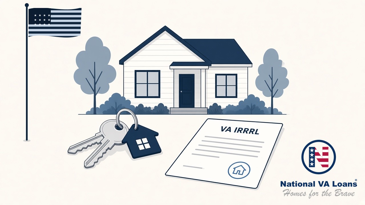 Illustration of the home a borrower already owns, with a flag in the yard, house keys, and a VA IRRRL worksheet