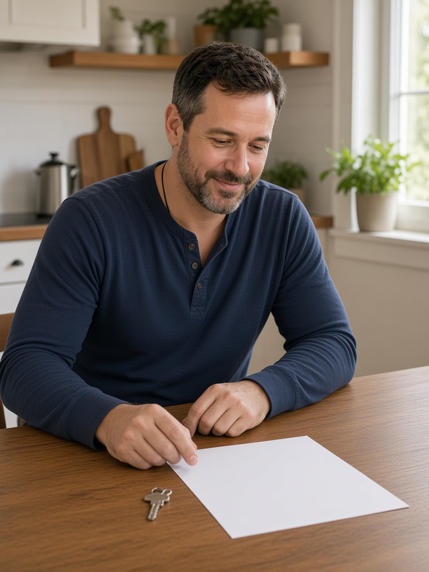 A homeowner at the kitchen table of the house he already owns, with house keys and paperwork