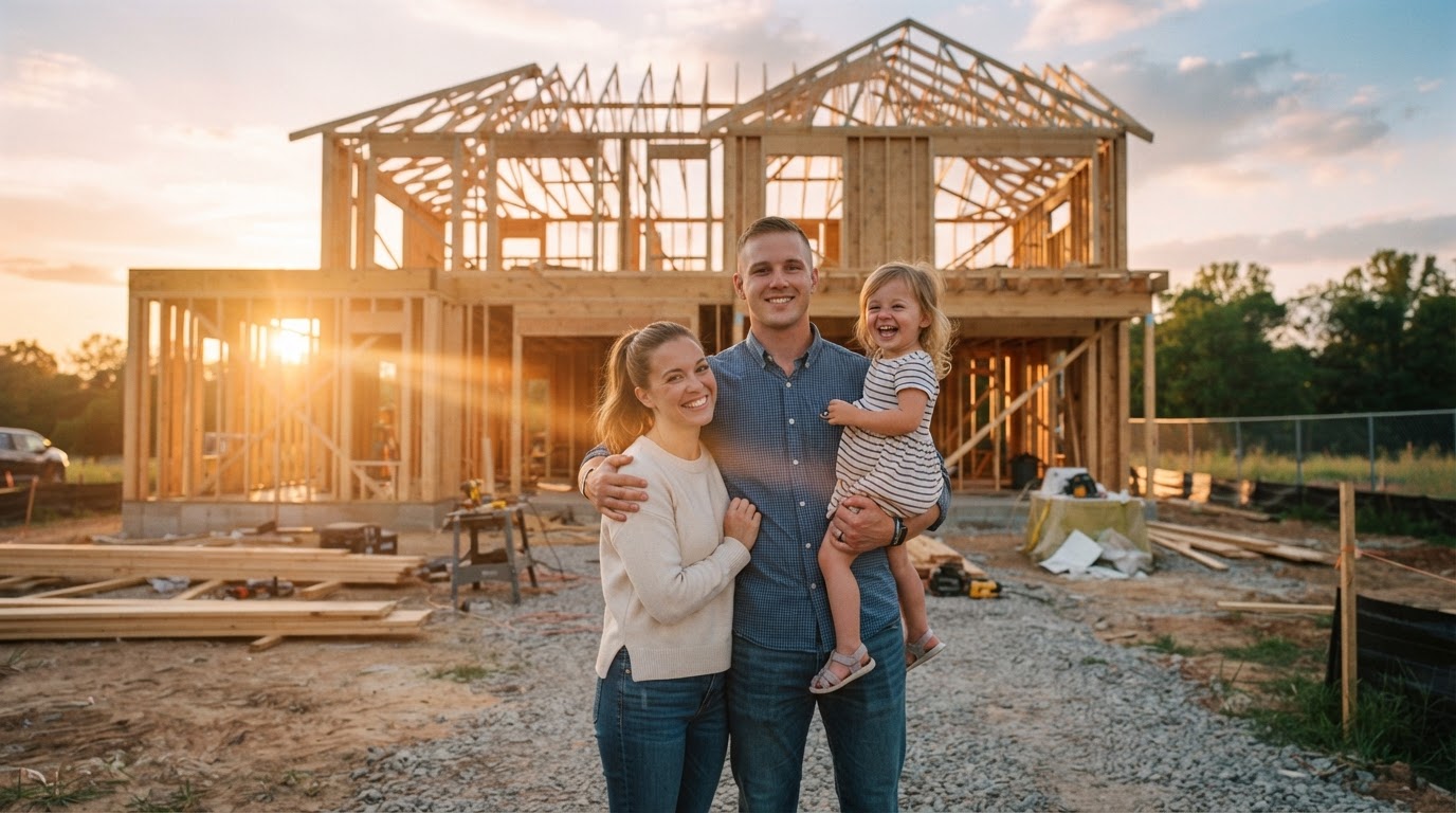 Veteran family in front of a home under construction — VA construction loan explainer